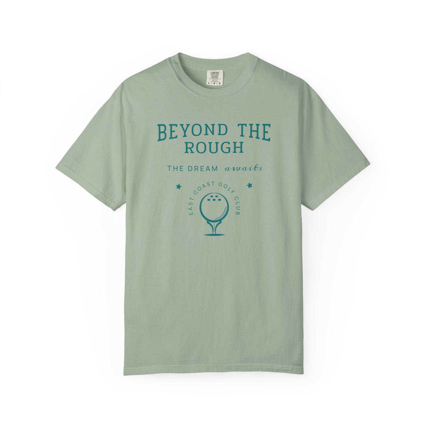 Light green t-shirt with 'Beyond the Rough' text and golf graphic on a white background