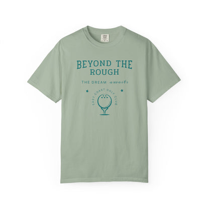 Light green t-shirt with 'Beyond the Rough' text and golf graphic on a white background