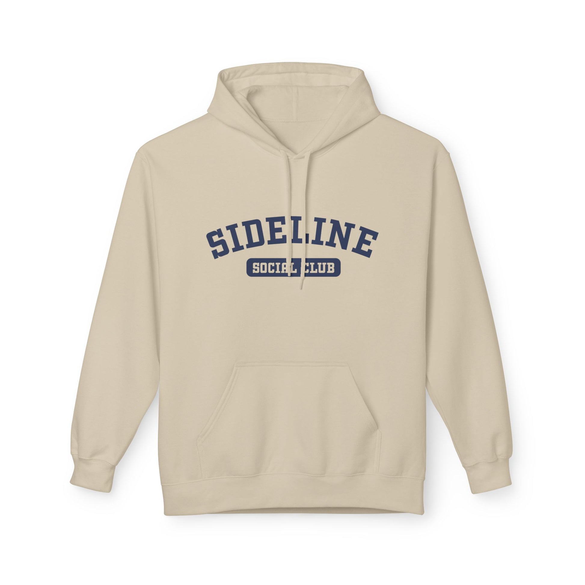 A light beige pullover hoodie with a navy blue 'SIDELINE SOCIAL CLUB' graphic printed on the chest, displayed against a clean white background.