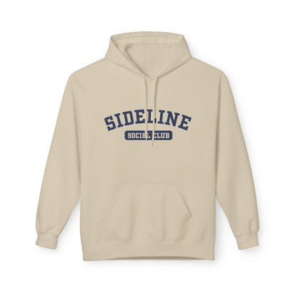 A light beige pullover hoodie with a navy blue 'SIDELINE SOCIAL CLUB' graphic printed on the chest, displayed against a clean white background.