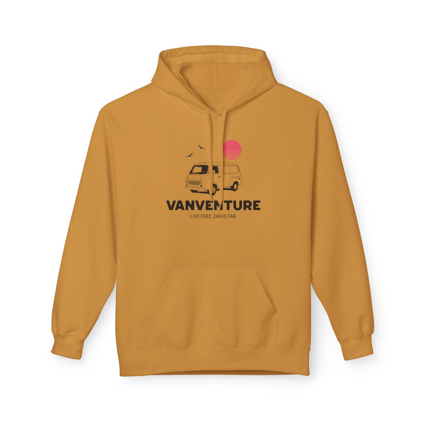 A mustard yellow pullover hoodie with a front graphic of a retro van, a pink sun, and the text 'VANVENTURE' and 'LIVE FREE, DRIVE FAR'.