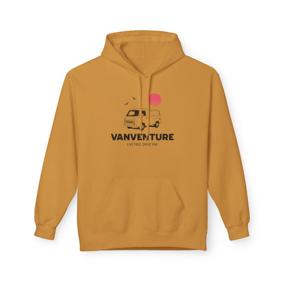 A mustard yellow pullover hoodie with a front graphic of a retro van, a pink sun, and the text 'VANVENTURE' and 'LIVE FREE, DRIVE FAR'.