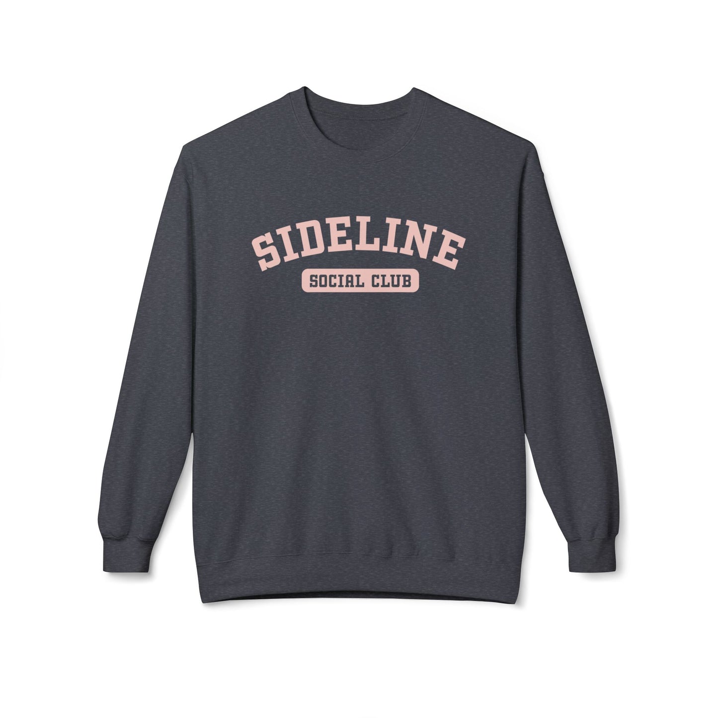 A dark heather crewneck sweatshirt with 'SIDELINE SOCIAL CLUB' printed in pink on the chest, displayed against a clean white background.