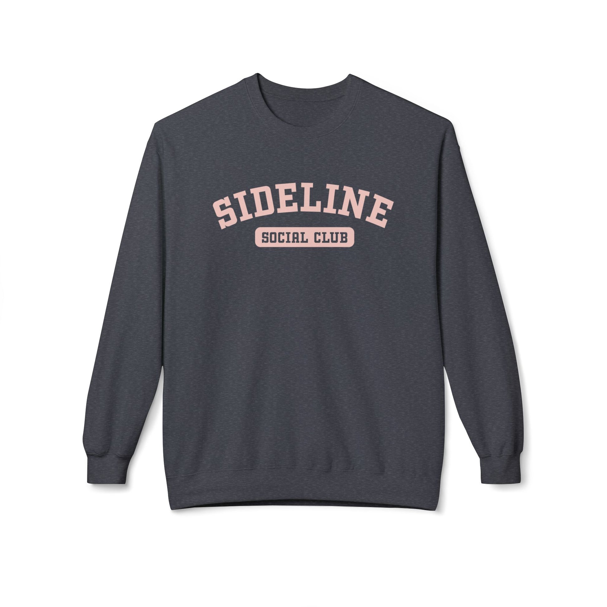 A dark heather crewneck sweatshirt with 'SIDELINE SOCIAL CLUB' printed in pink on the chest, displayed against a clean white background.