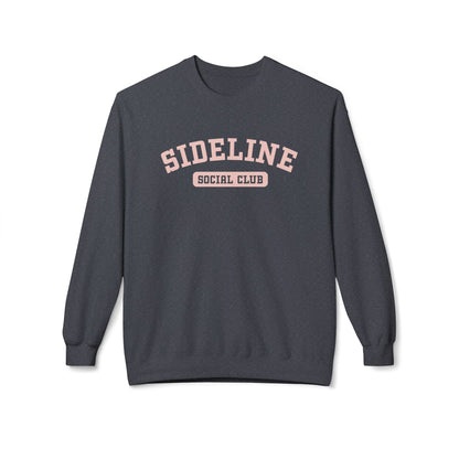 A dark heather crewneck sweatshirt with 'SIDELINE SOCIAL CLUB' printed in pink on the chest, displayed against a clean white background.