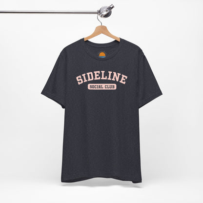 Heather navy t-shirt with 'Sideline Social Club' text on a hanger against a white background