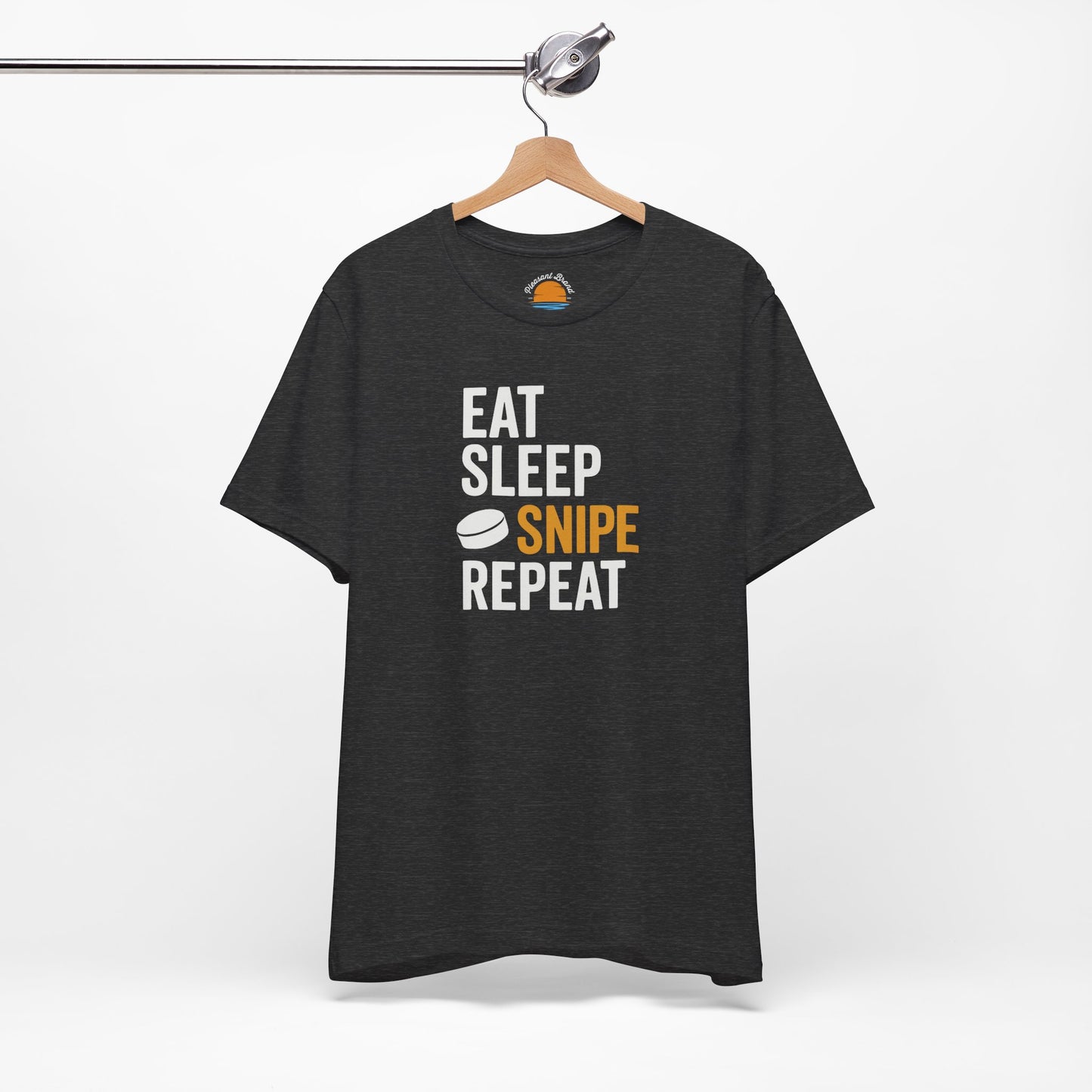 Dark grey heather t-shirt with 'Eat Sleep Snipe Repeat' text on a hanger against a white background