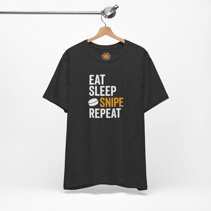 Dark grey heather t-shirt with 'Eat Sleep Snipe Repeat' text on a hanger against a white background