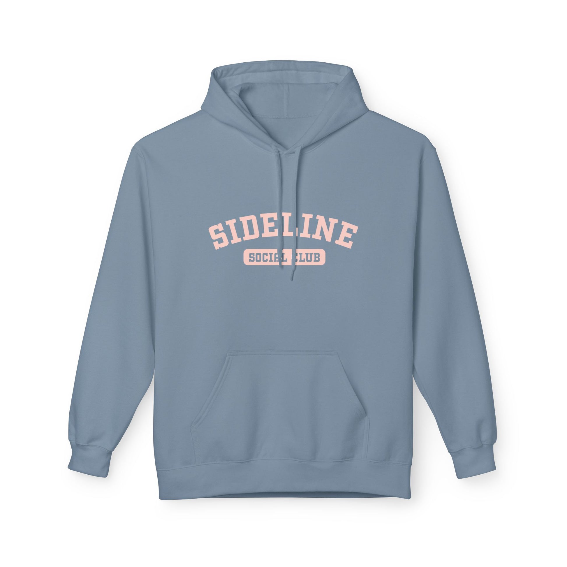 Blue hoodie with a graphic design on a white background