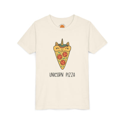 Beige t-shirt with a unicorn pizza design on a white background