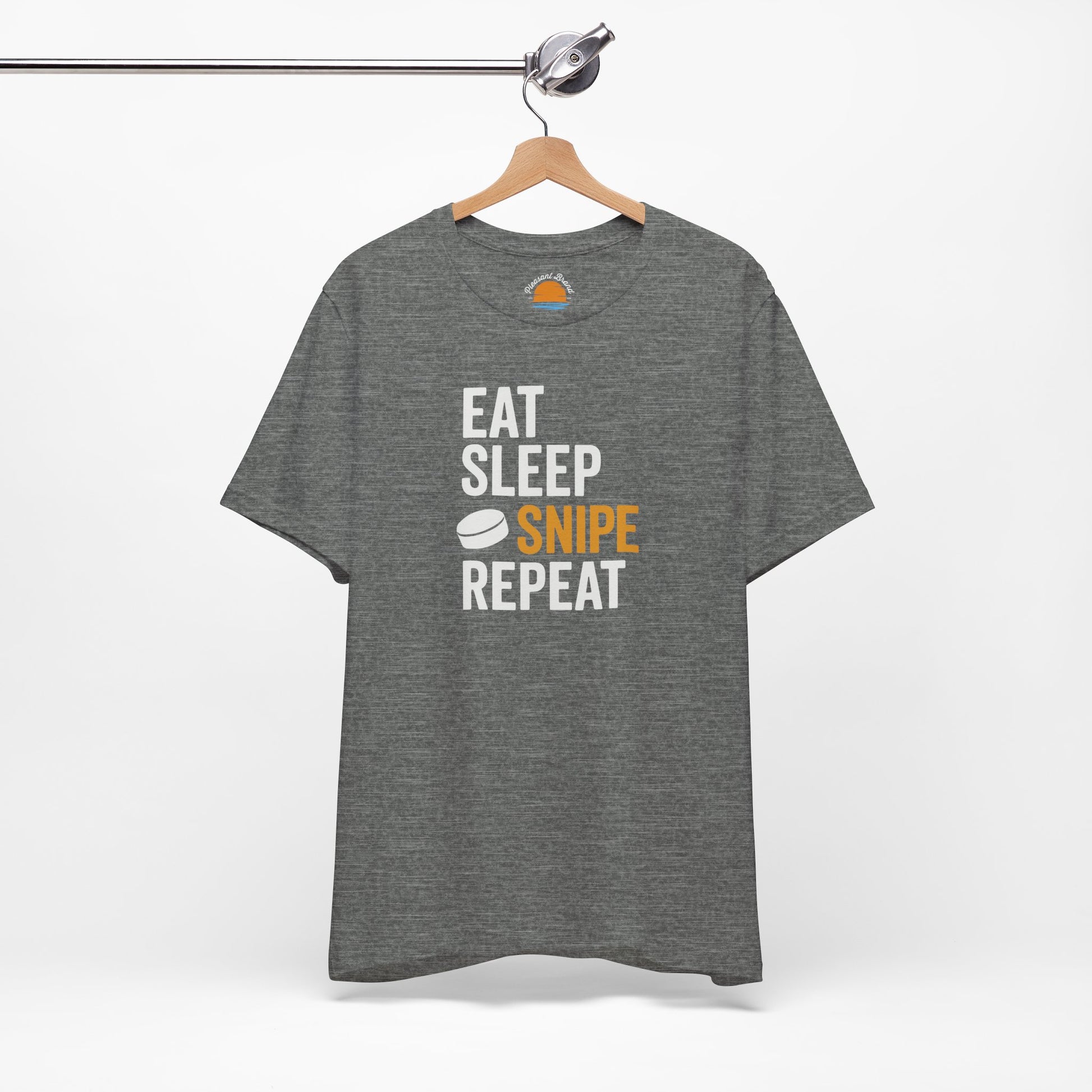 Deep heather t-shirt with 'Eat Sleep Snipe Repeat' text on a hanger against a white background