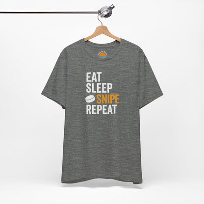 Deep heather t-shirt with 'Eat Sleep Snipe Repeat' text on a hanger against a white background