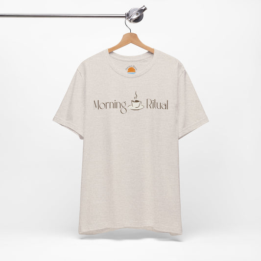 White t-shirt with 'Morning Ritual' text and a coffee cup graphic on a hanger against a white background