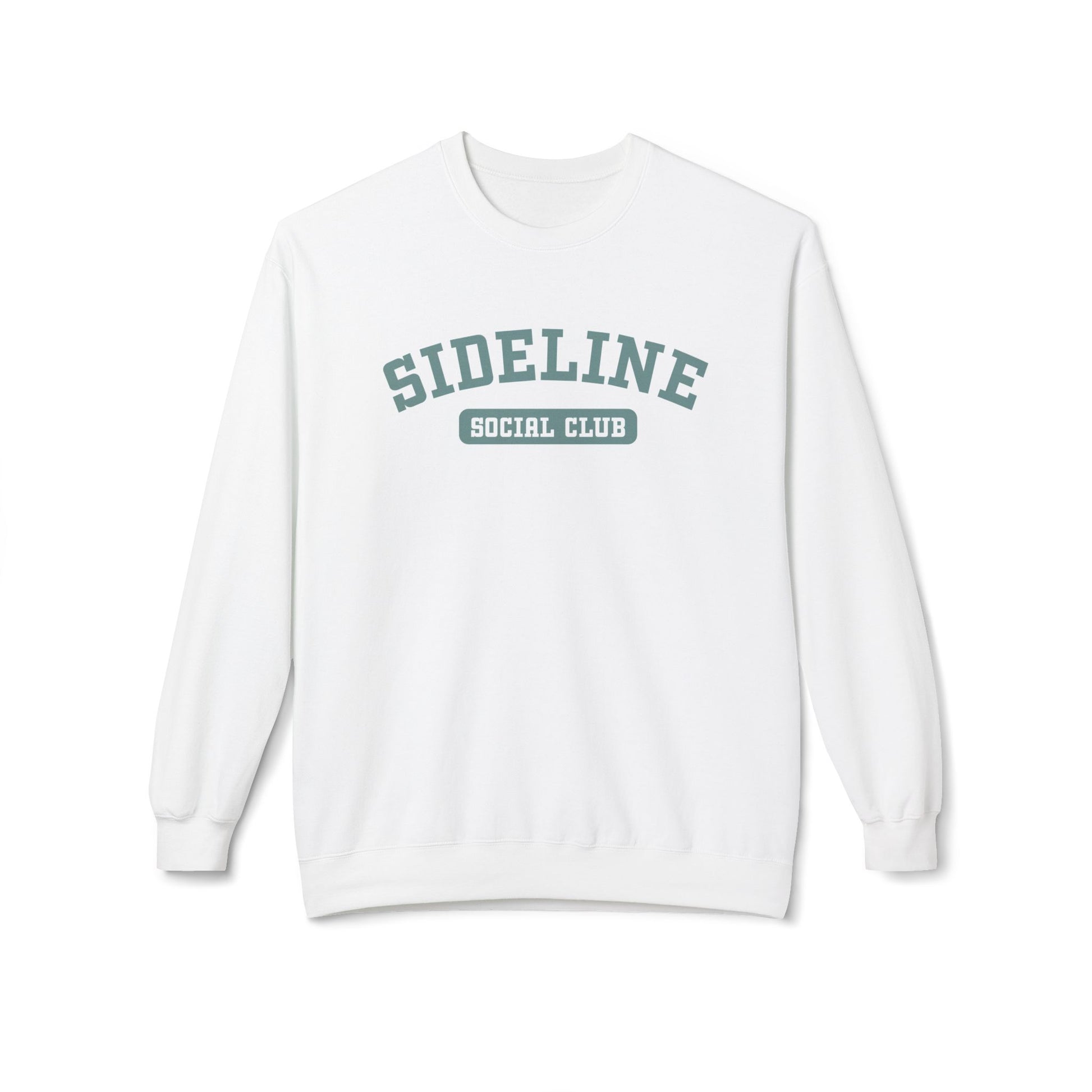 A white crewneck sweatshirt with 'SIDELINE SOCIAL CLUB' printed in a muted teal-green varsity font on the chest, displayed against a clean white background.