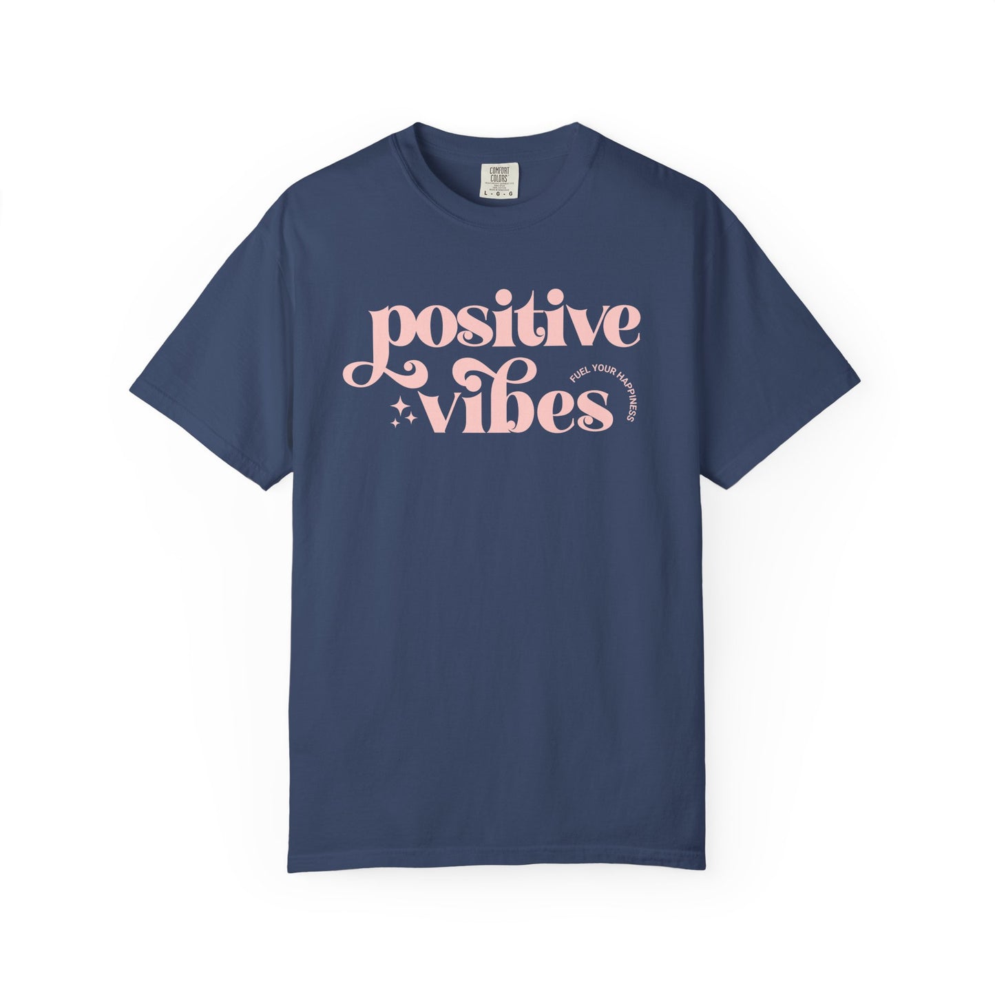 Blue t-shirt with pink 'Positive Vibes' text on a white background
