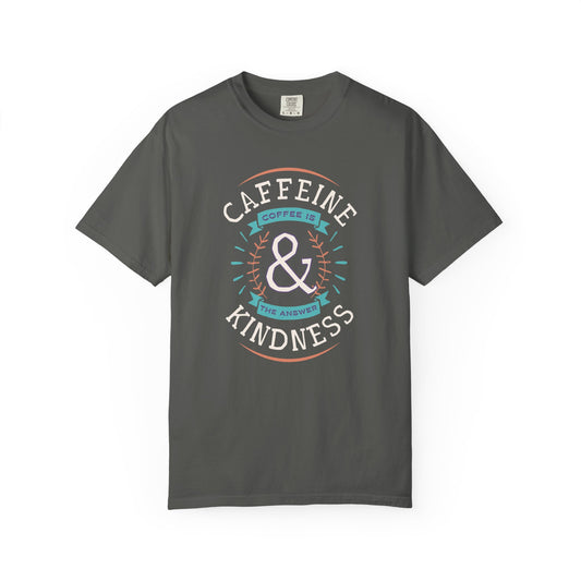 Purple t-shirt with 'Caffeine & Kindness' text, on a white background
