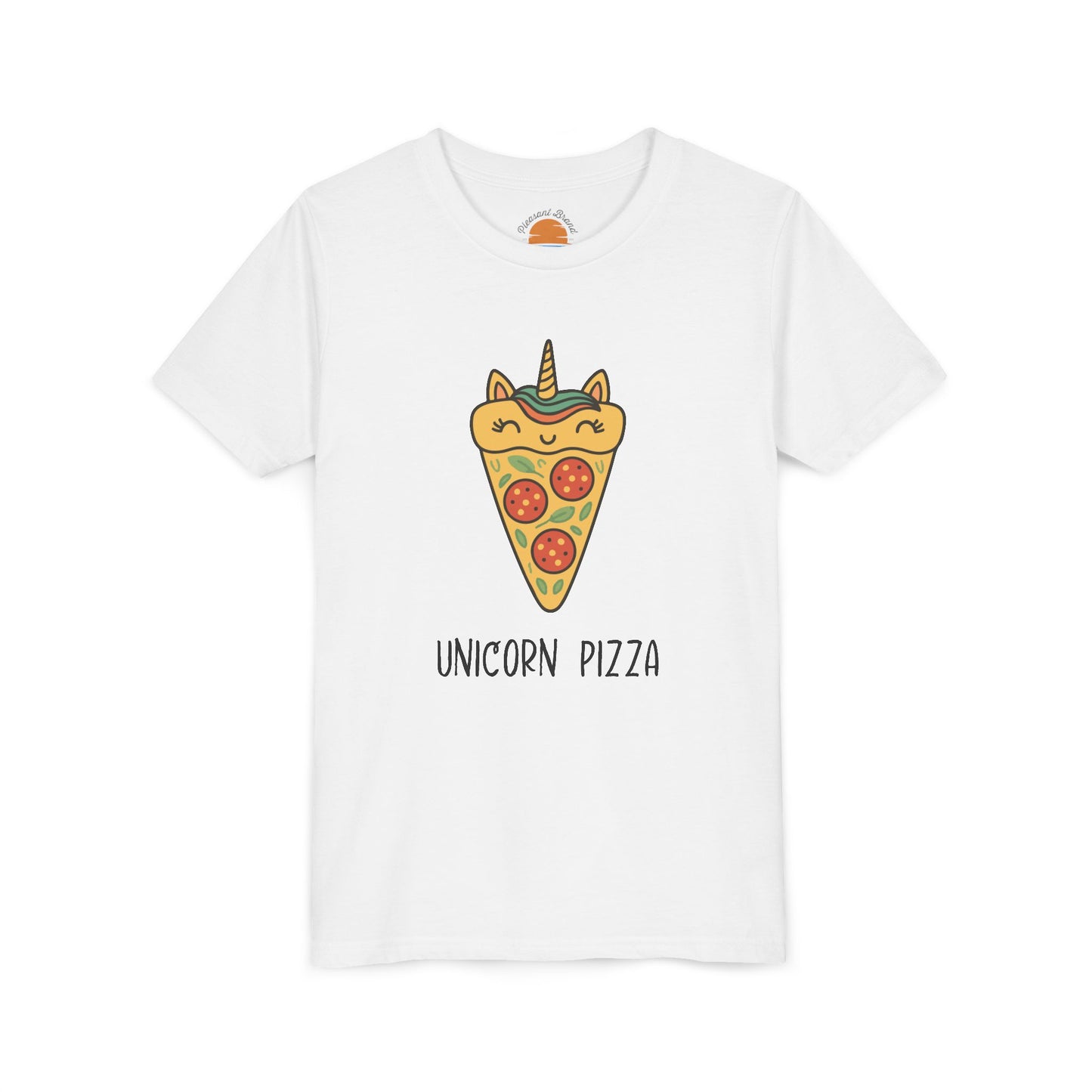 White t-shirt with a unicorn pizza design on a white background