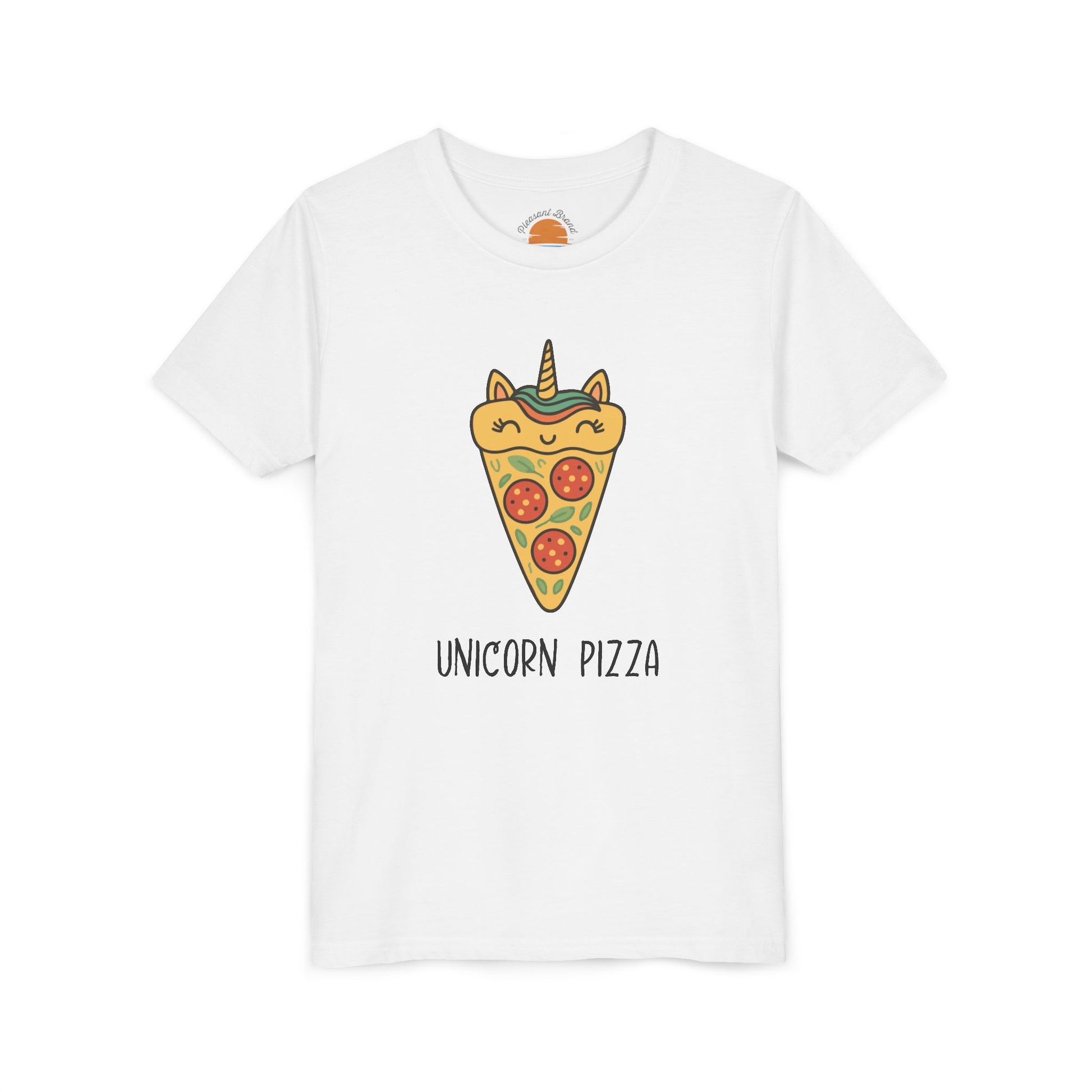 White t-shirt with a unicorn pizza design on a white background
