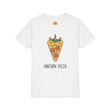 White t-shirt with a unicorn pizza design on a white background