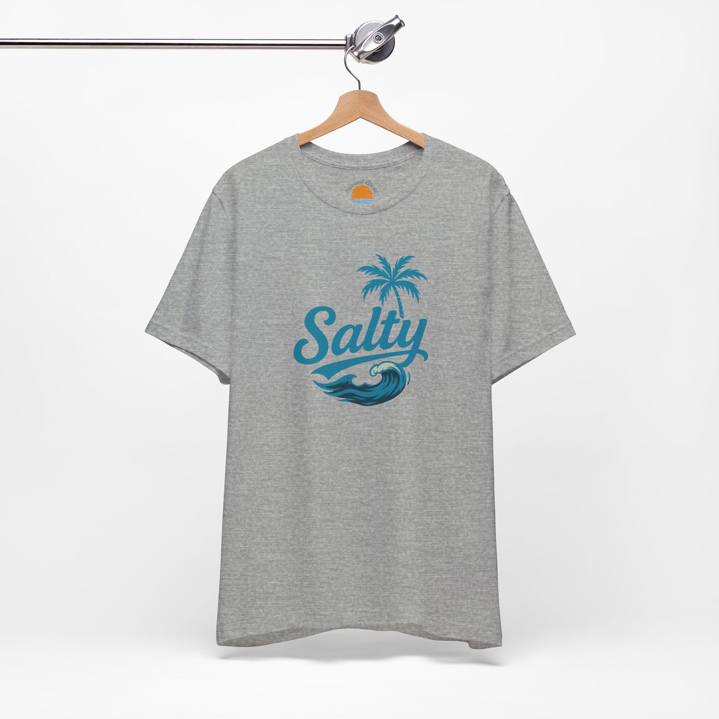 Athletic heather t-shirt with 'Salty' blue wave and palm tree design on a hanger against a white background