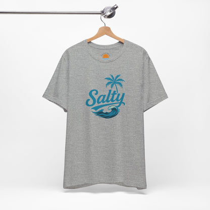 Athletic heather t-shirt with 'Salty' blue wave and palm tree design on a hanger against a white background