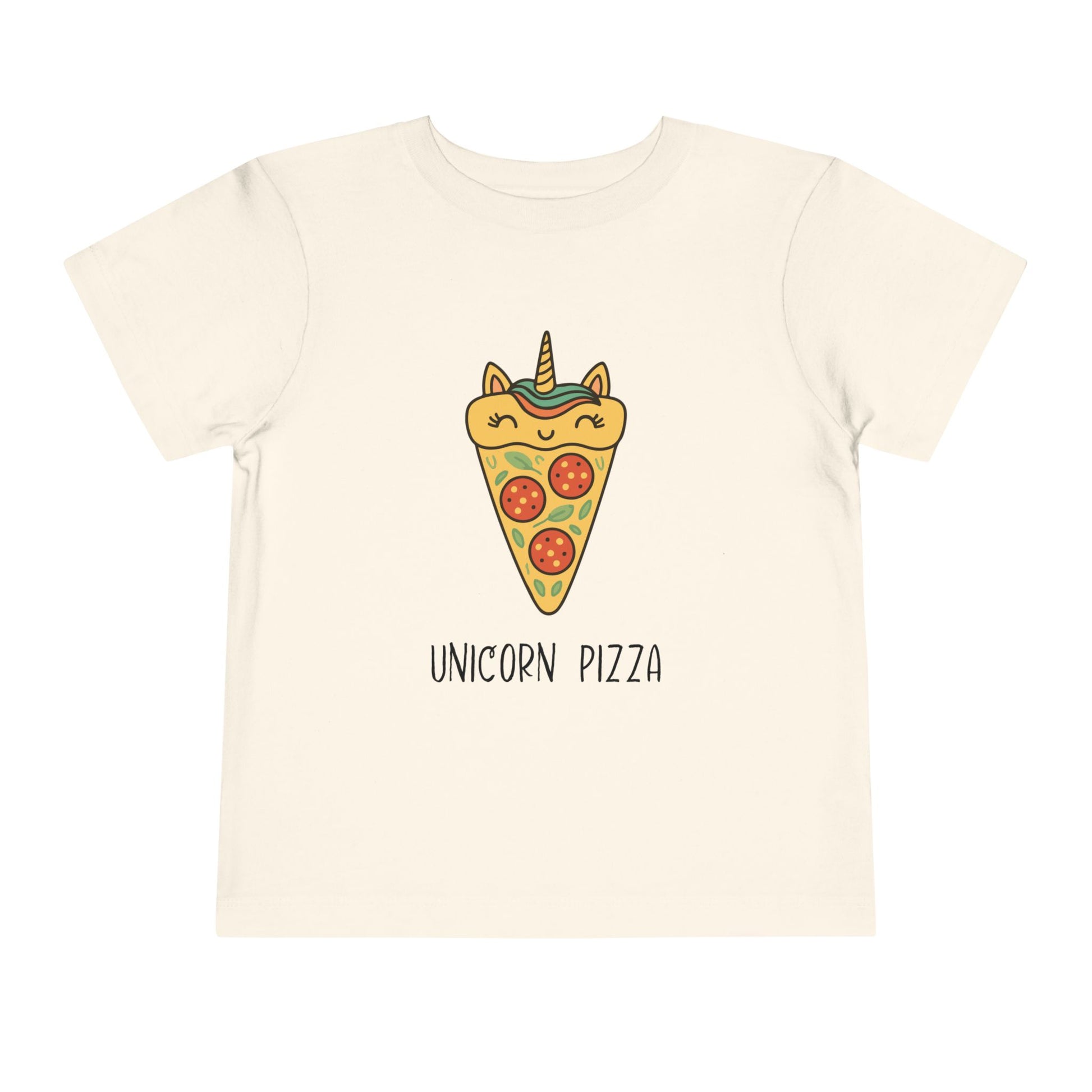 Beige t-shirt with a unicorn pizza design on a white background