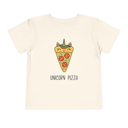 Beige t-shirt with a unicorn pizza design on a white background