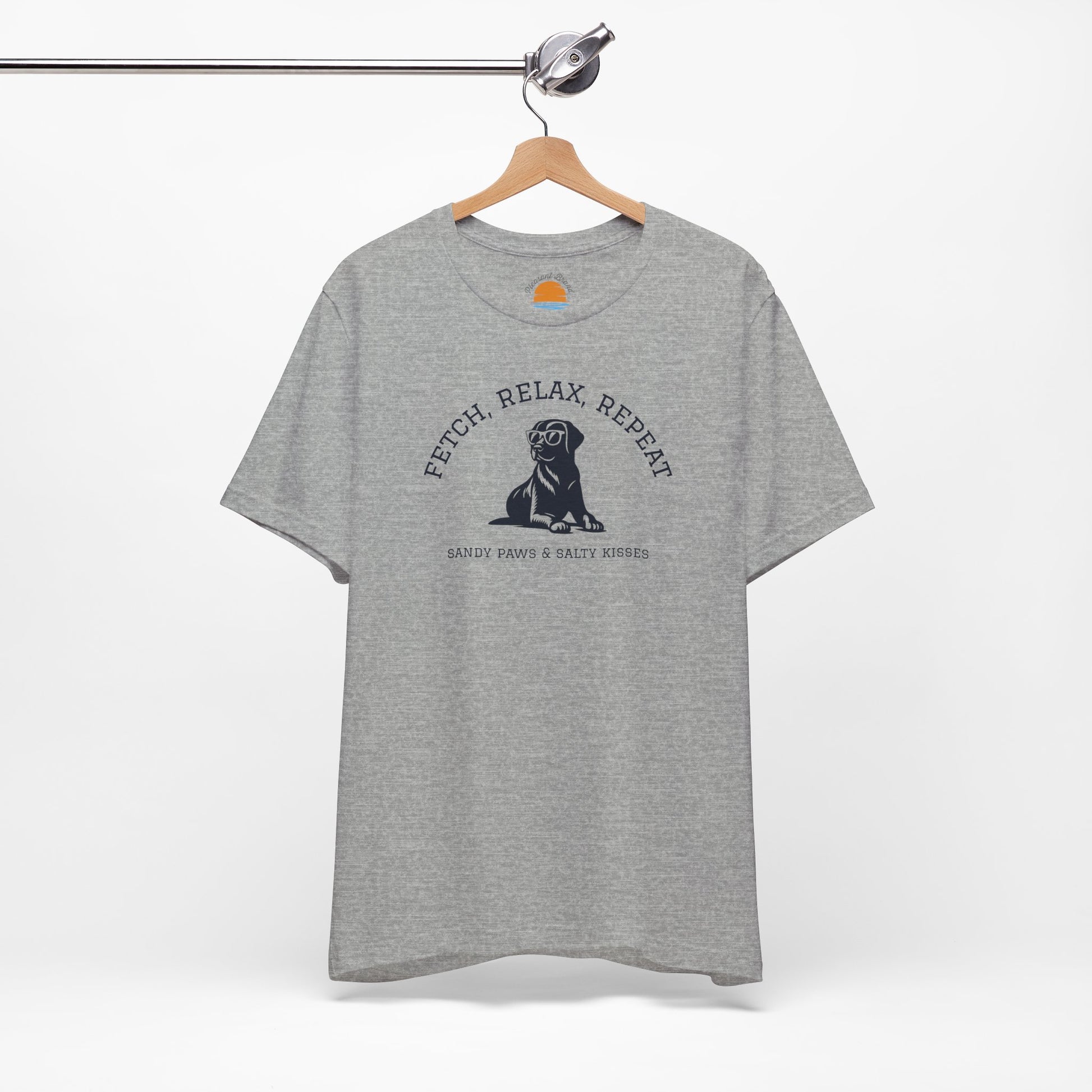 Gray Lab in Shades T-Shirt with a dog graphic and text Fetch, Relax, Repeat on a hanger against a white background