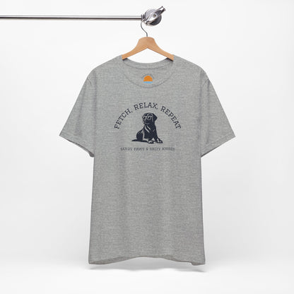 Gray Lab in Shades T-Shirt with a dog graphic and text Fetch, Relax, Repeat on a hanger against a white background