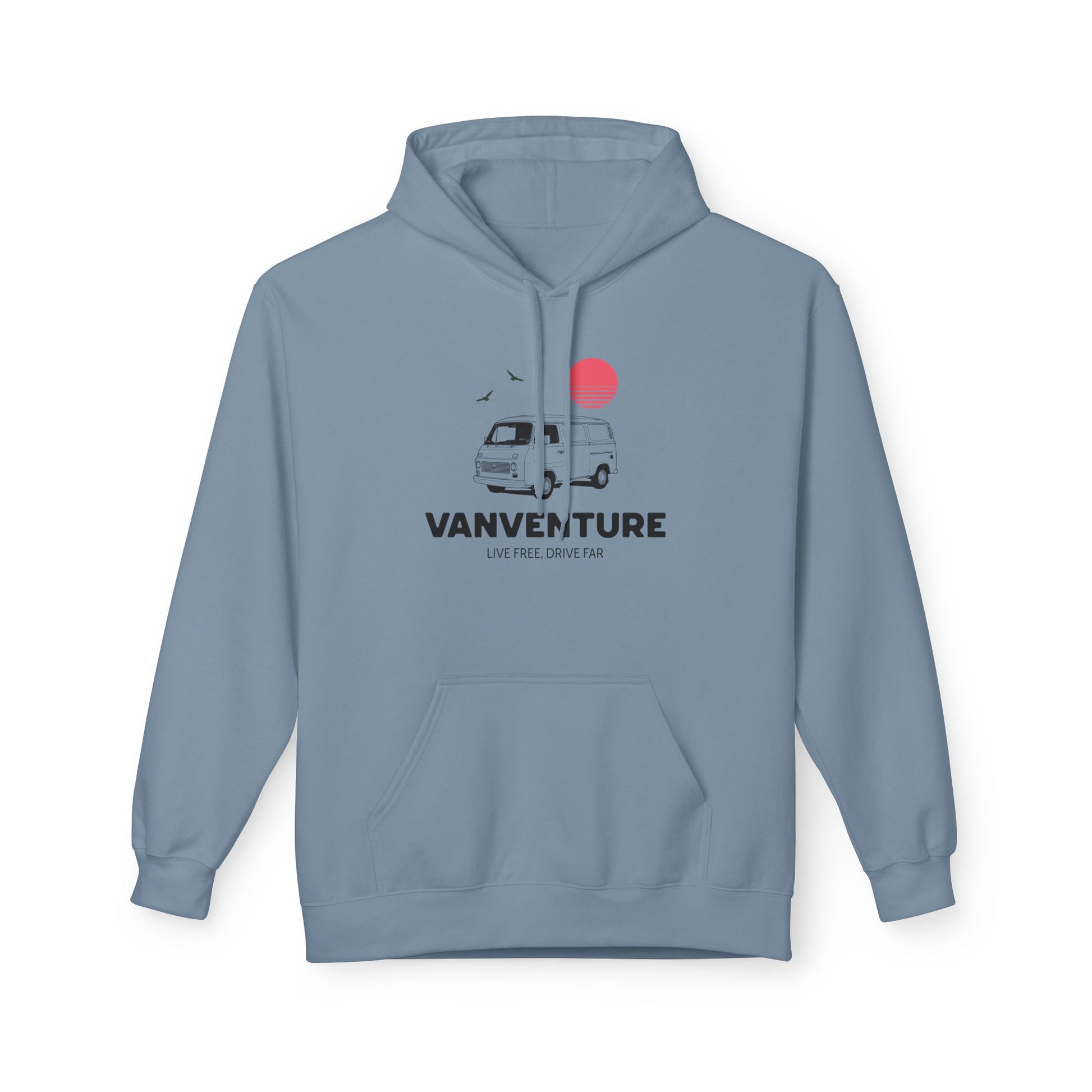 A light blue pullover hoodie with a front graphic of a retro van, a red sun, birds, and the text 'VANVENTURE' and 'LIVE FREE, DRIVE FAR'.