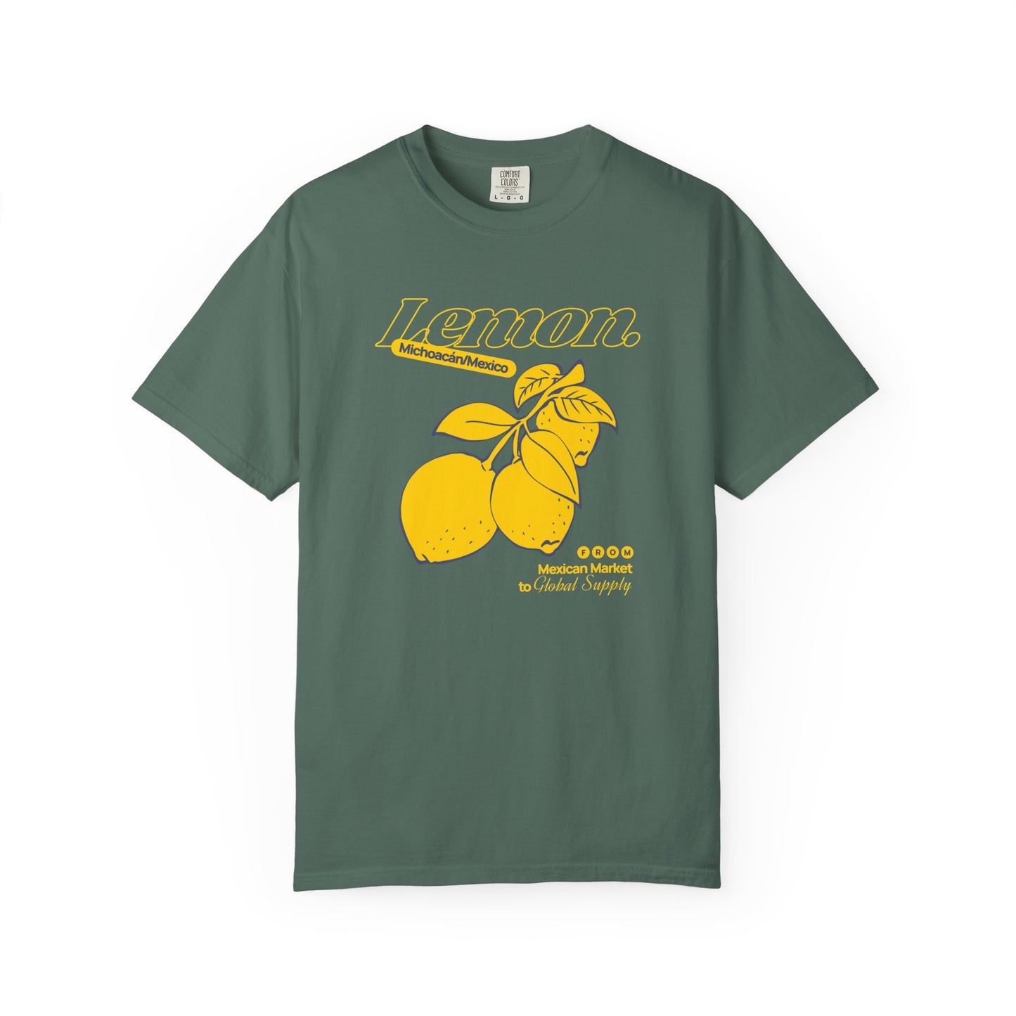Green t-shirt with yellow lemon graphic and text on a white background