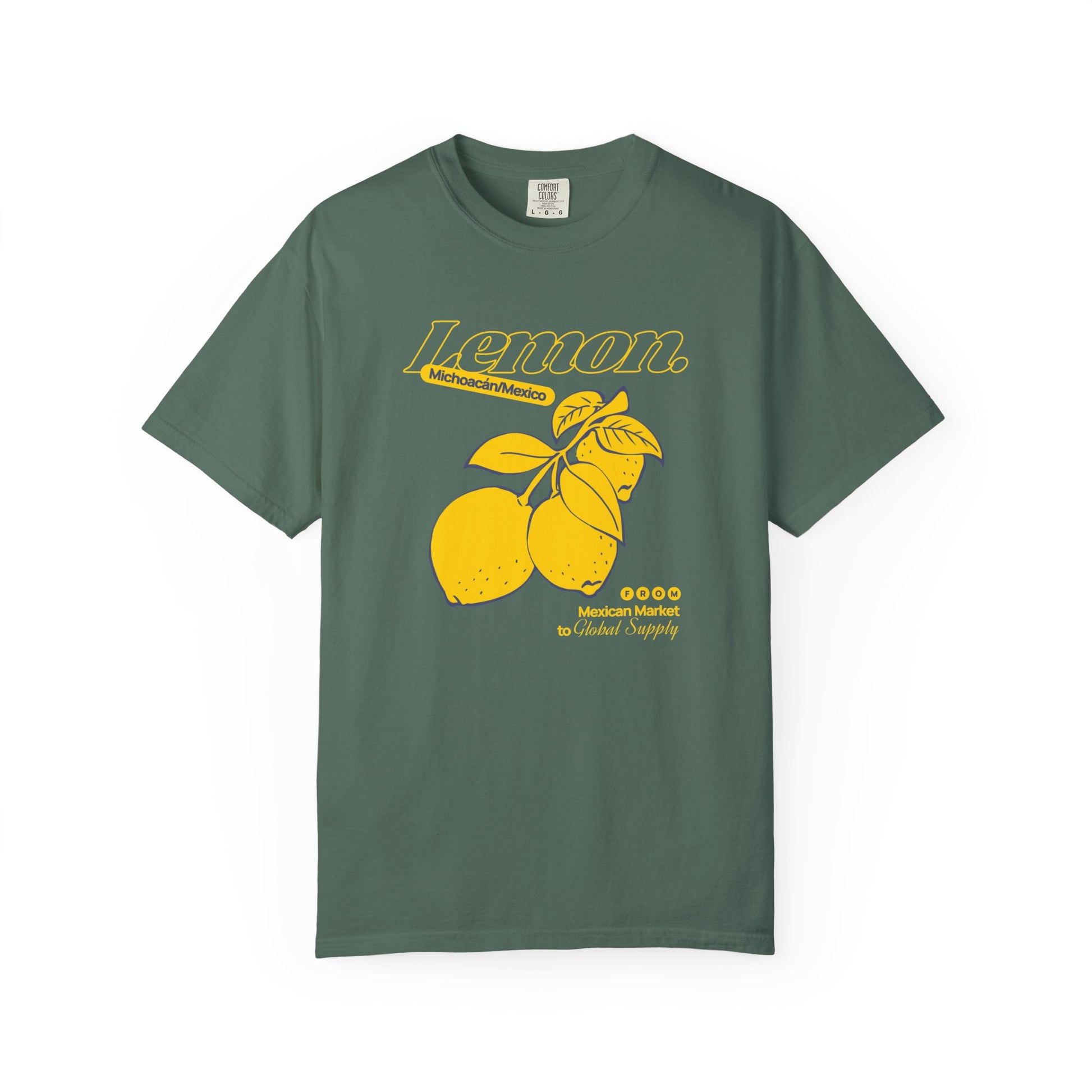 Green t-shirt with yellow lemon graphic and text on a white background