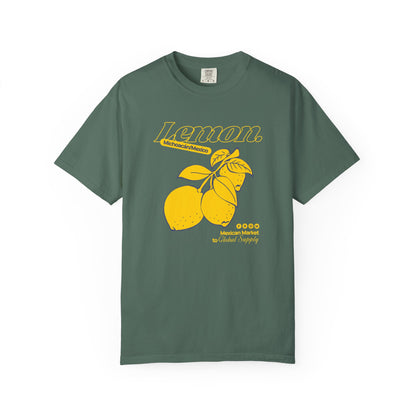 Green t-shirt with yellow lemon graphic and text on a white background