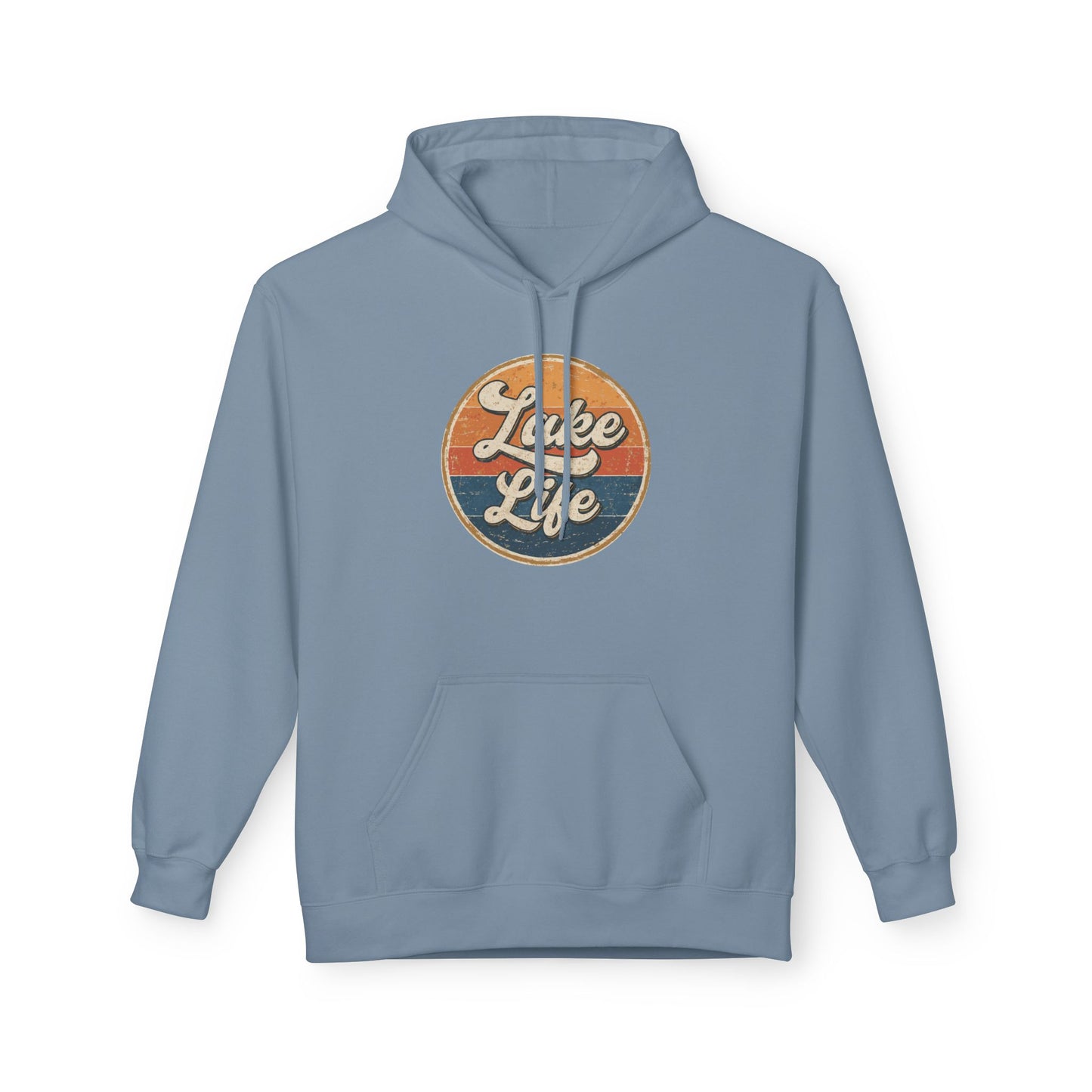 A light blue pullover hoodie with a circular retro-style graphic on the chest reading 'Lake Life' in white script over orange and dark blue horizontal stripes. The hoodie is shown against a plain white background.