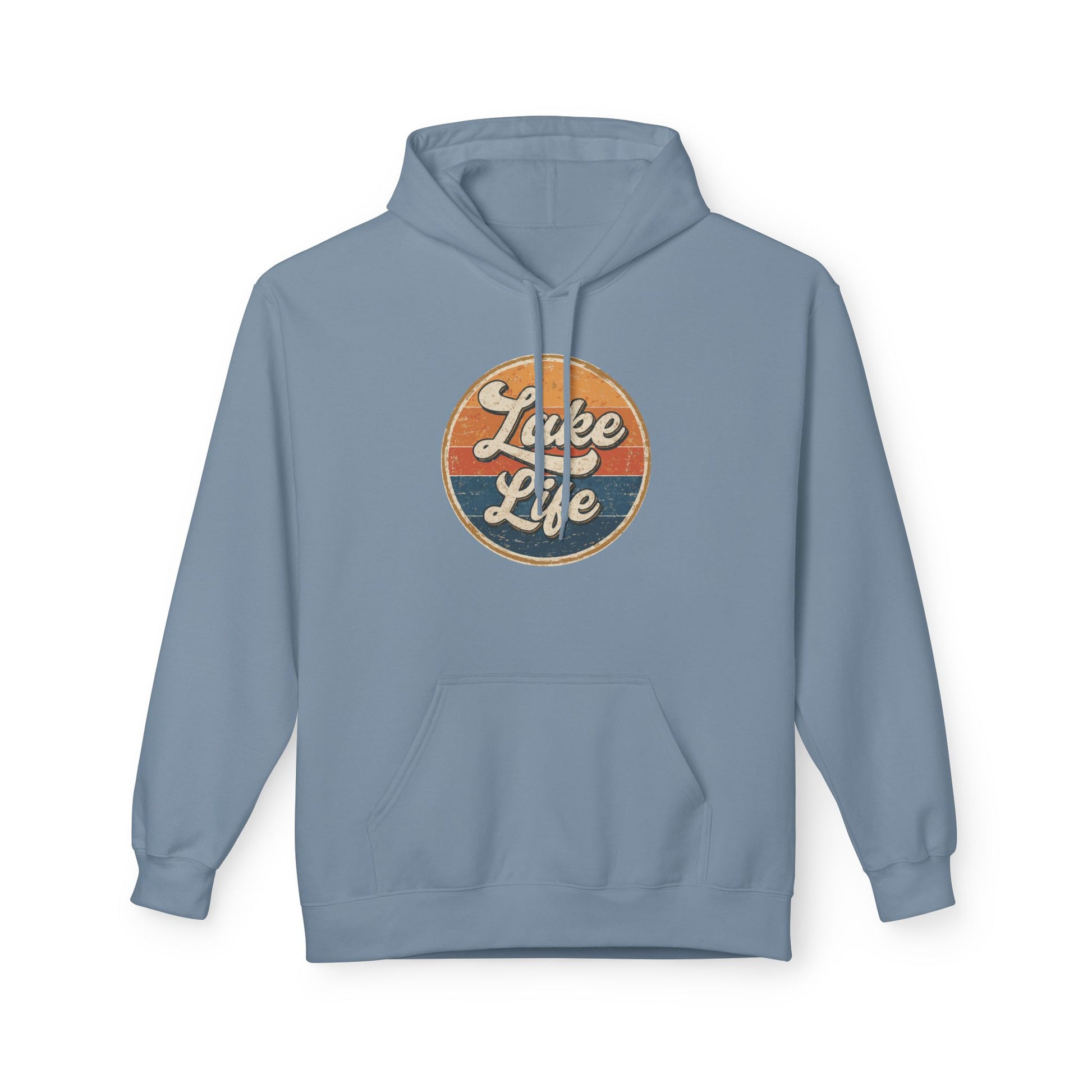 A light blue pullover hoodie with a circular retro-style graphic on the chest reading 'Lake Life' in white script over orange and dark blue horizontal stripes. The hoodie is shown against a plain white background.