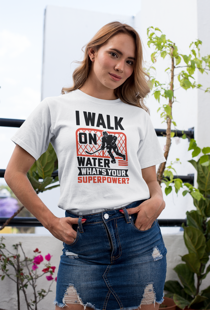 Confident woman showcasing Walk On Water T-Shirt in trendy casual lifestyle look