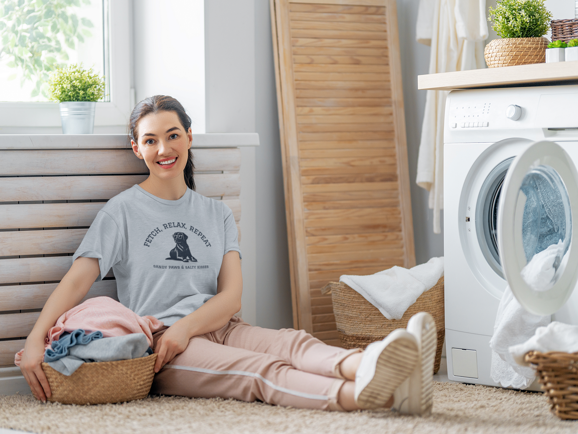 Happy woman sitting on the floor with a laundry basket in a comfortable home setting, wearing Lab in Shades T-Shirt