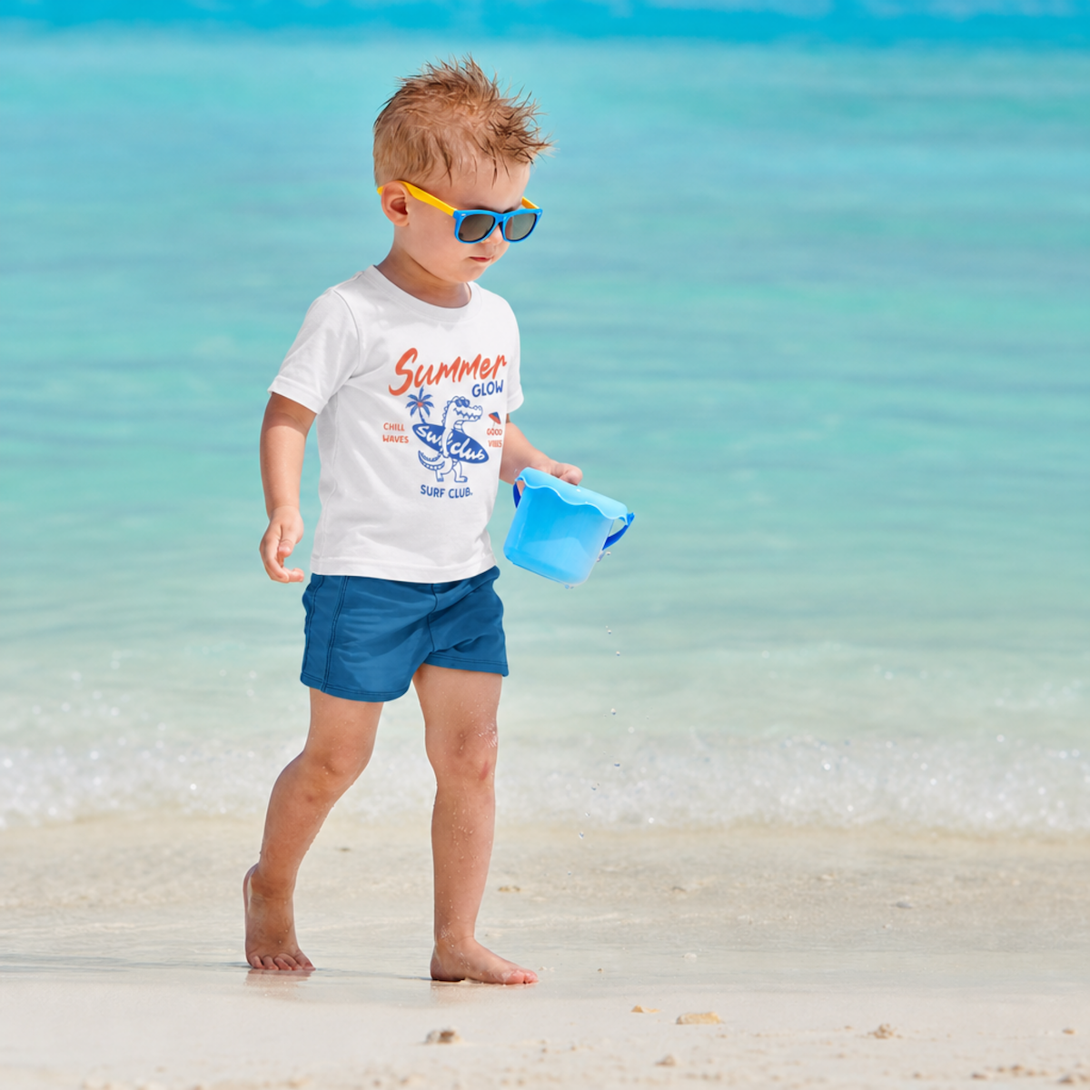 Child on a beach wearing sunglasses and a 'Summer' t-shirt, holding a blue bucket.
