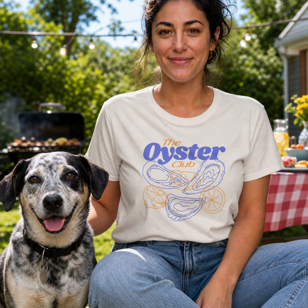Woman wearing a 'The Oyster Club' t-shirt sitting outdoors with a dog.