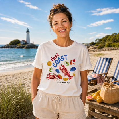 Woman wearing a 'East Coast Summer' t-shirt on a beach with a lighthouse in the background.