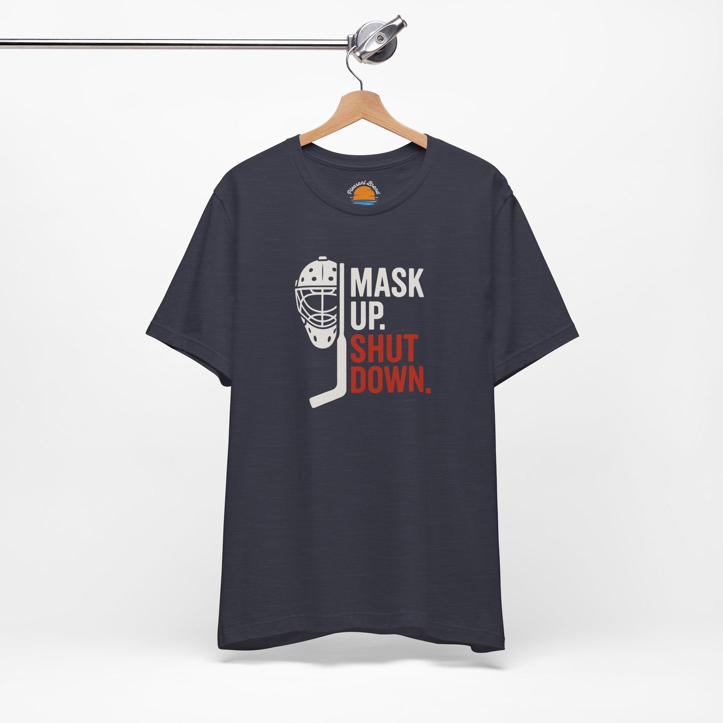 Heather midnight navy t-shirt with Mask Up Shut Down text with goalie mask design on a white background