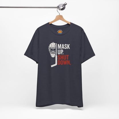 Heather midnight navy t-shirt with Mask Up Shut Down text with goalie mask design on a white background