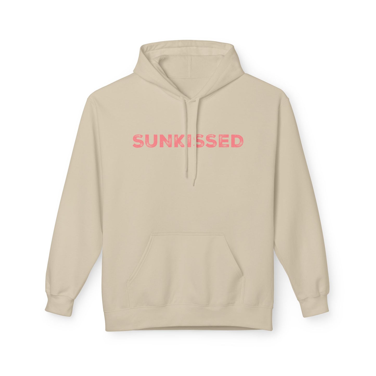 Beige hoodie with 'SUNKISSED' text on a white background