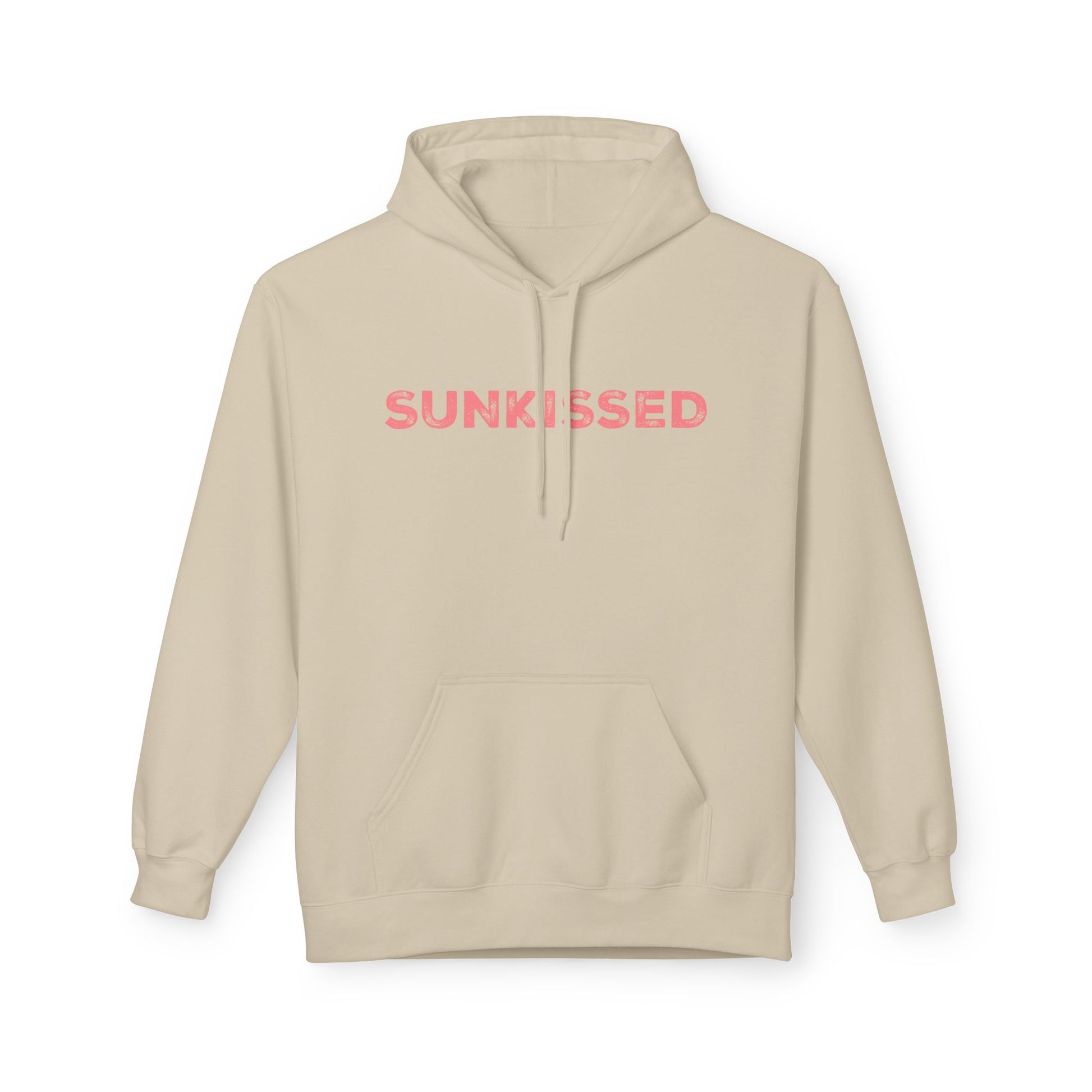 Beige hoodie with 'SUNKISSED' text on a white background
