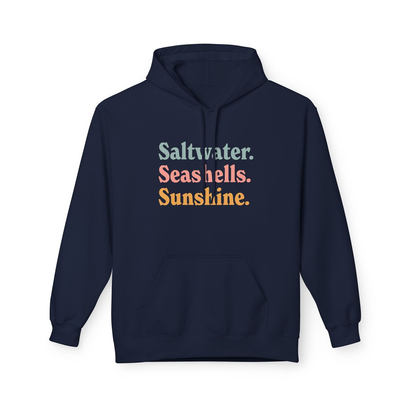 A navy blue pullover hoodie with a front kangaroo pocket and a distressed text 'Saltwater. Seashells. Sunshine'