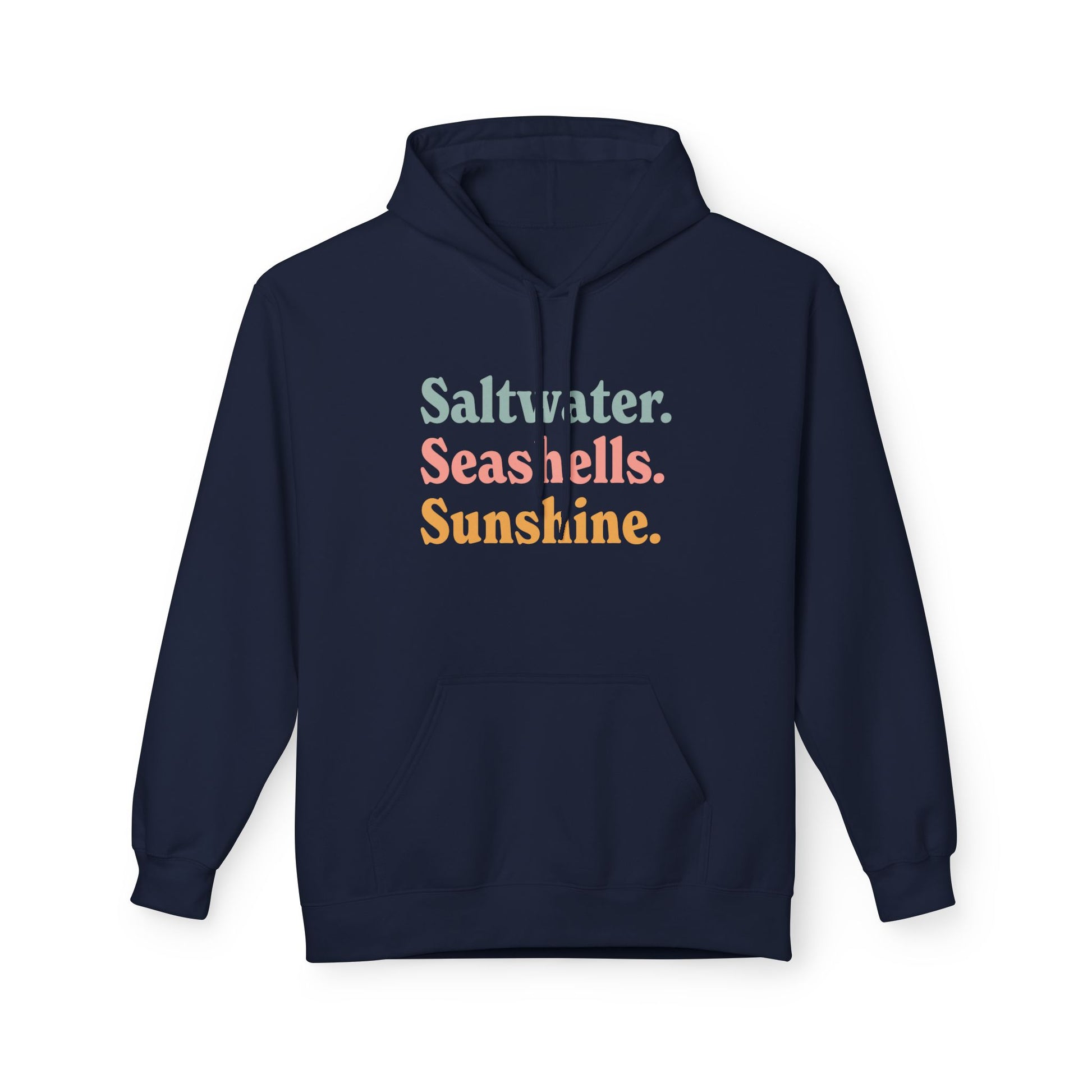 A navy blue pullover hoodie with a front kangaroo pocket and a distressed text 'Saltwater. Seashells. Sunshine'