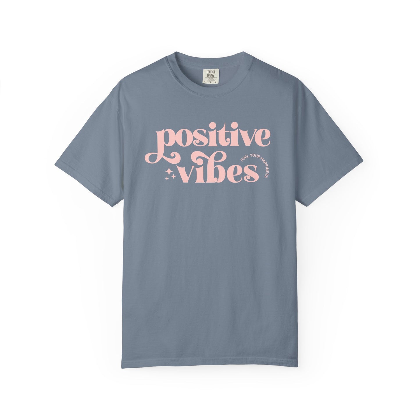 Gray t-shirt with pink 'Positive Vibes' text on a white background