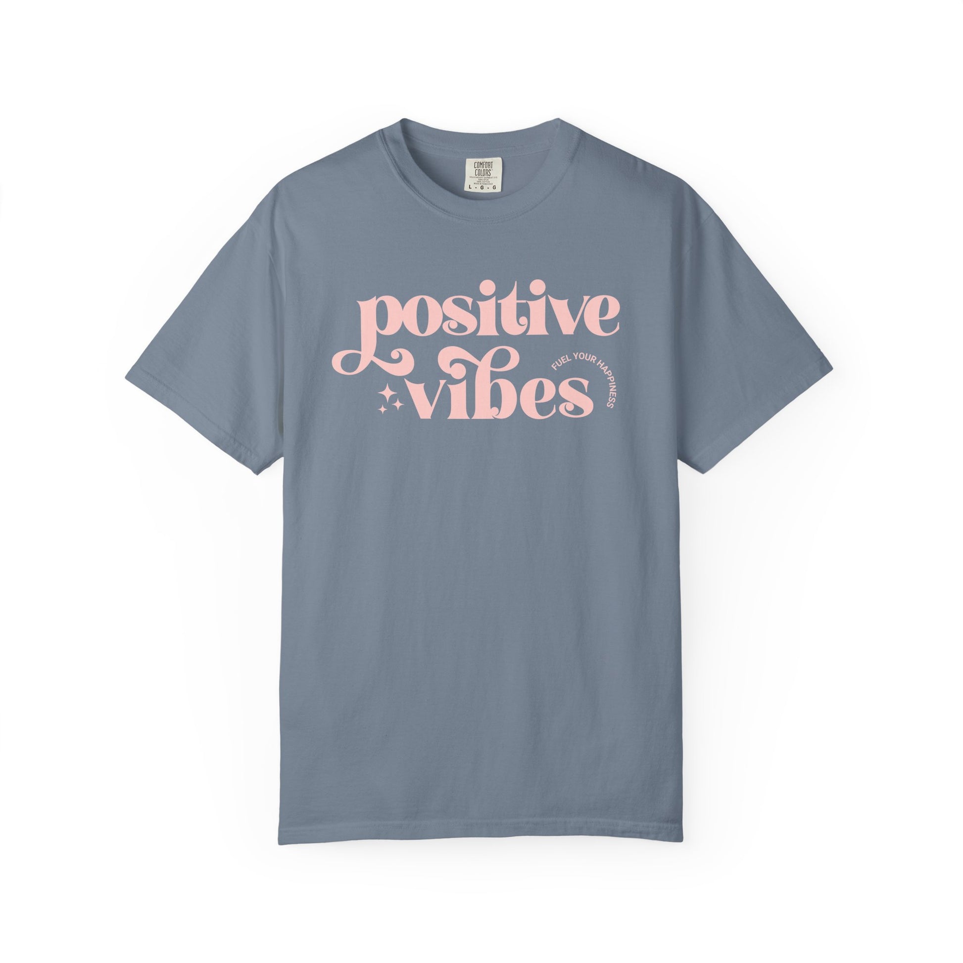 Gray t-shirt with pink 'Positive Vibes' text on a white background