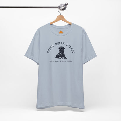 Light blue Lab in Shades T-Shirt with a dog graphic and text Fetch, Relax, Repeat on a hanger against a white background