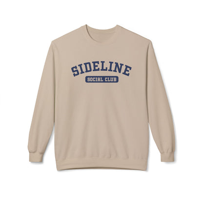 A beige crewneck sweatshirt with 'SIDELINE SOCIAL CLUB' printed in navy blue on the chest, displayed against a clean white background.